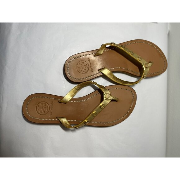 Tory‎ Burch Ricki Logo Studded Gold Leather Flat Thong Flip Flops Sandals Size 6 - Picture 8 of 10